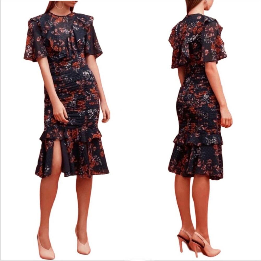 Keepsake Need You Now Navy Blue Red White Floral Ruffle Rouched Midi Dress XS